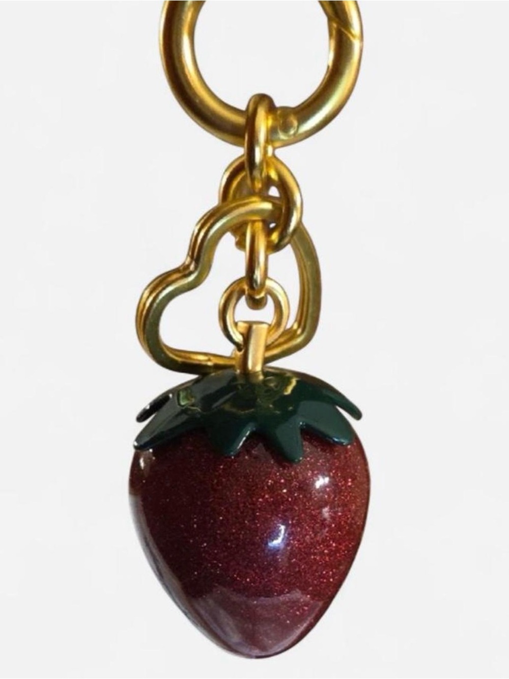 Glitter Strawberry Charm Keychain in Deep Red with Green Top